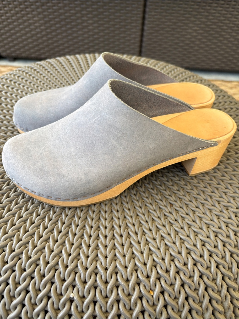 Bryr Gray Suede Slip-On Clogs with Wood-Effect Heel